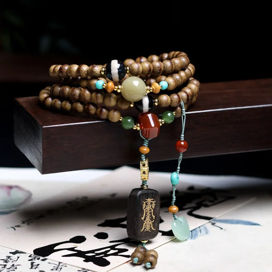 A Line Of Butter And Incense Wood Multi-Circle Necklace Beads - Buddha Blessing You