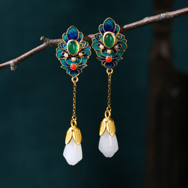 Elyuan National Fashion Accessories Women'S Ancient Style Color-Preserving Gold-Plated Imitation Jade Niche Design Vintage Earrings Gift