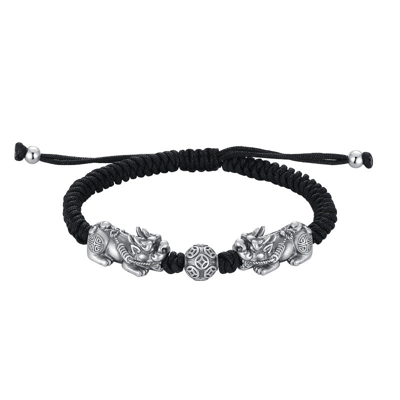 Original s999 Sterling Silver Lucky Nafu Pi Xiu Hand Rope Men's Chinese Retro Style All-match DIY Handmade Woven Jewelry