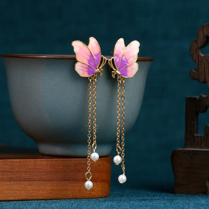 enamel gradient butterfly earrings silver needle light luxury niche design ancient style pearl earrings
