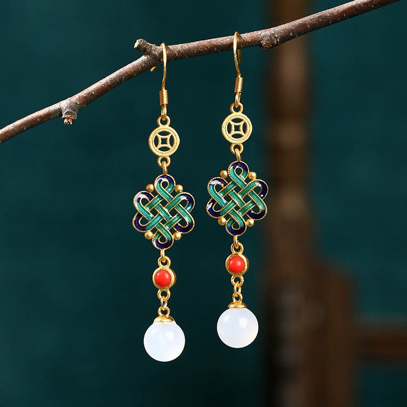 Elegante Vintage vergoldete Jade-Imitation, buddhistisch inspirierte spirituelle Ohrringe