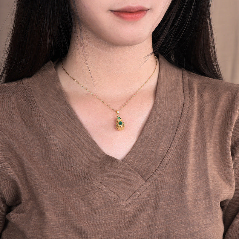Net Red With Goods Live Supply National Style Design Famous Family Style Copper Plating 24k Ancient Gold Inlaid Chalcedony Gourd Necklace