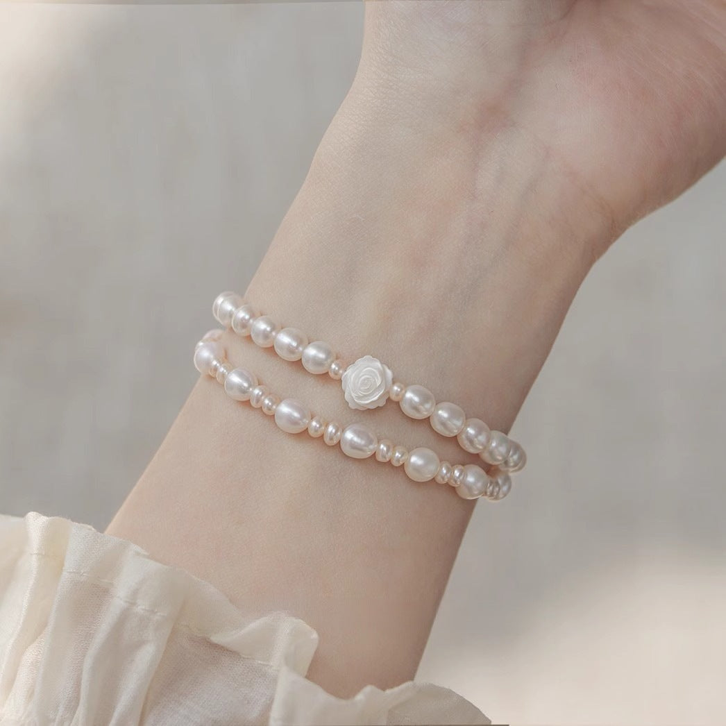 Genuine Freshwater Pearl Bracelet With Rose Carving And Shell Beads