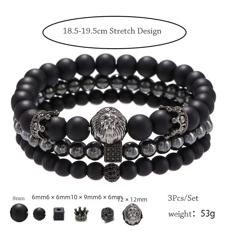 Jewelry Fashion Vintage Black Frosted Bracelet Zircon Crown Diamond Ball Dice Lion Head Beads Bracelet Suit