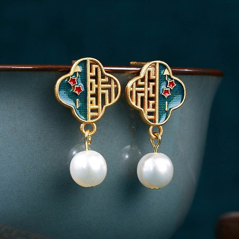 enamel gradient butterfly earrings silver needle light luxury niche design ancient style pearl earrings