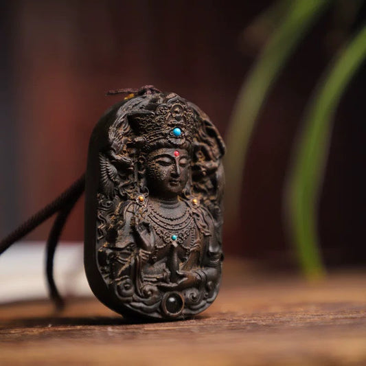 Double Sided Carved Aquilarum Pendant Featuring Guanyin And Dragon Phoenix Necklace - Buddha Blessing You