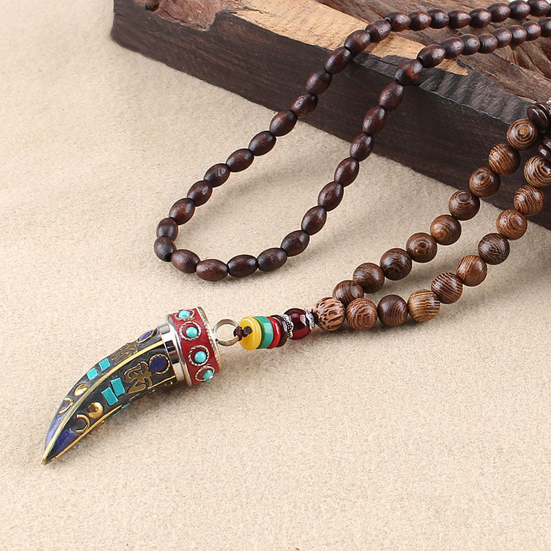 Ethnic Style Buddha Beads Nepal Horn Type Wooden Necklace Simple Personality Long Men's and Women's Woolen Chain Linen Accessories