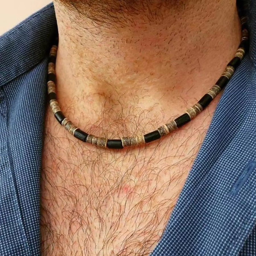 Summer Beach Bohemian Wood Chip Coconut Shell Necklace Men's Surfing Necklace Simple Tribal Stainless Steel Necklace
