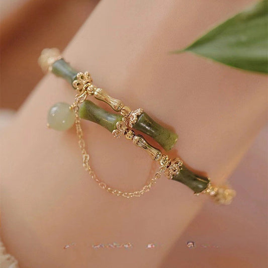 Bamboo And Hetian Jade Bracelet With Olive Green Color - Buddha Blessing You