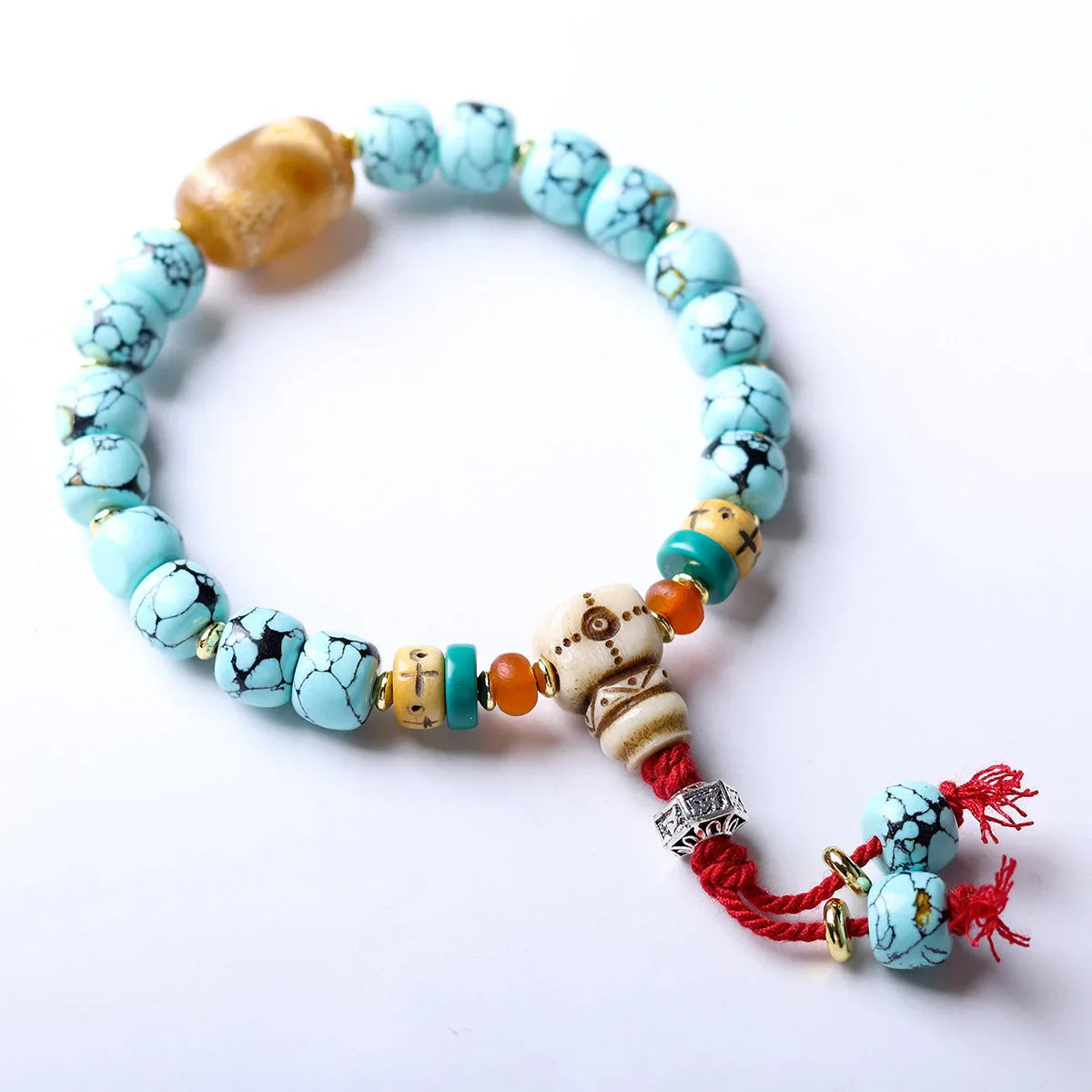 Imitation Turquoise Net Flower Vintage Barrel Bead Tiger Tooth Yak Bone Bracelet - Buddha Blessing You