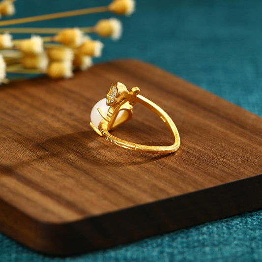 Gold Plated Imitation Hetian Jade Lotus Ring - Buddha Blessing You