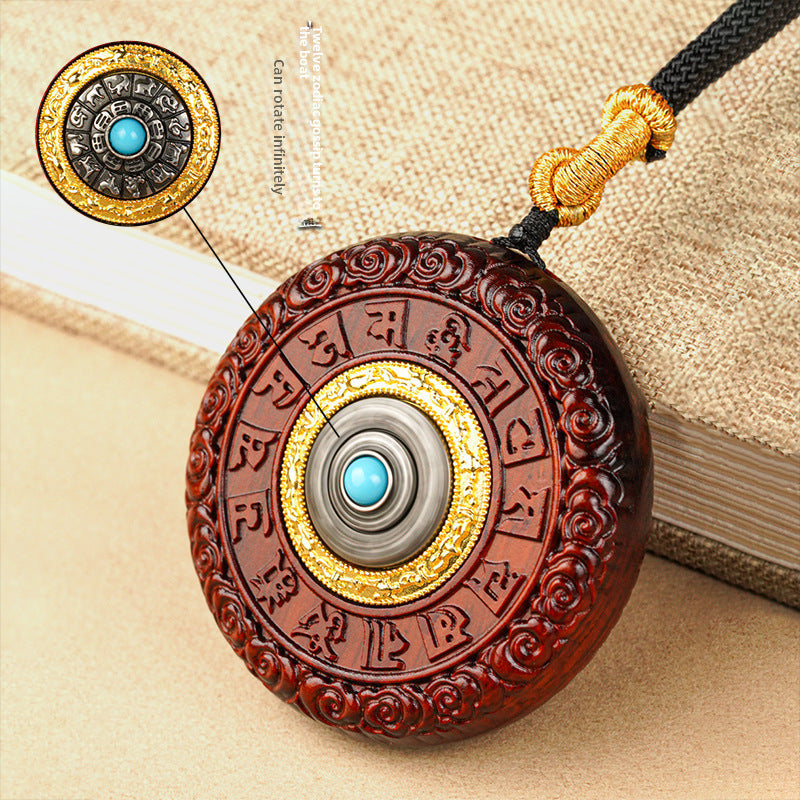 Benmingfo Round Pendant Zodiac Guardian Necklace Male and Female Samurai Bodhisattva Black Leaflet Red Sandalwood
