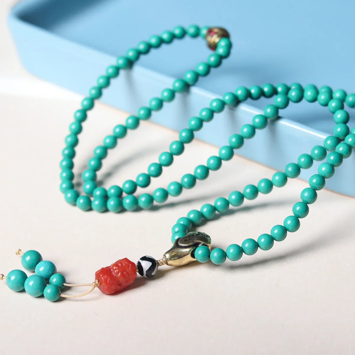 Imitation Turquoise Net Flower Vintage Barrel Bead Tiger Tooth Yak Bone Bracelet - Buddha Blessing You