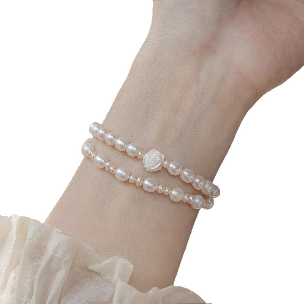Genuine Freshwater Pearl Bracelet With Rose Carving And Shell Beads