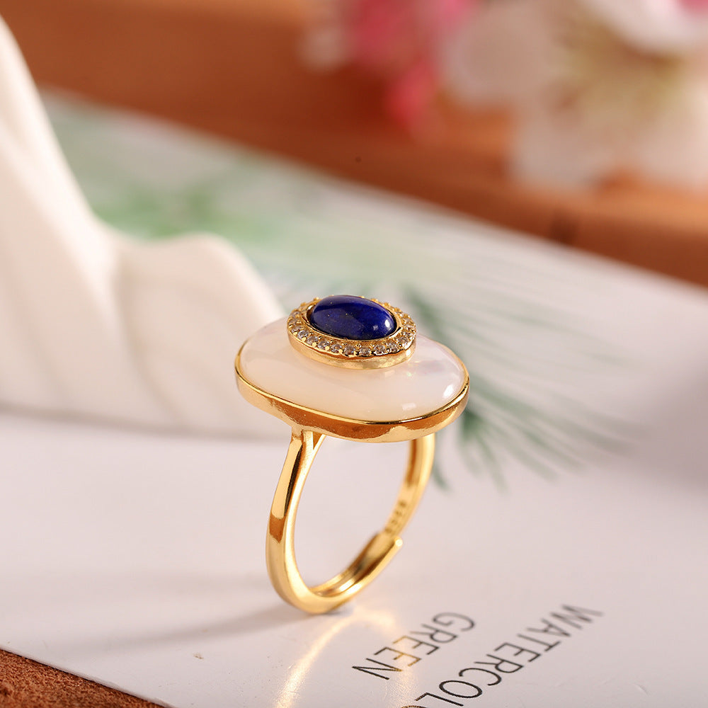 White Shell Lapis Lazuli Micro-paved Zircon Ring High-end Accessible Luxury Elegant Ring Ring for Women