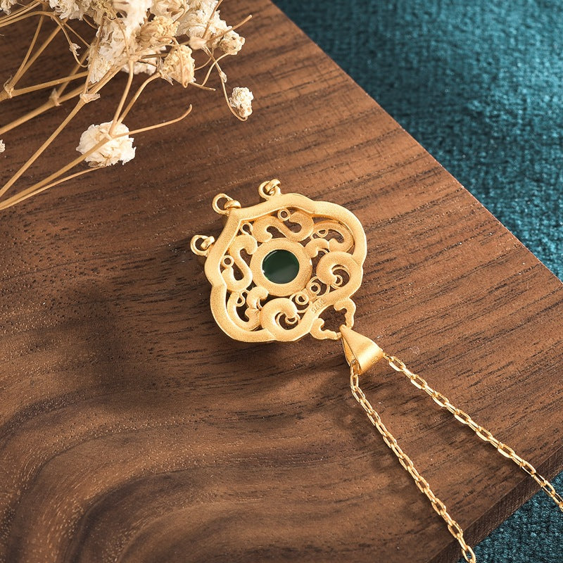 Jewelry Live with Goods Inlaid Green Chalcedony Vintage Palace Style Enamel Ancient Method Golden Flower Silk Ruyi Lock Bag Necklace Women