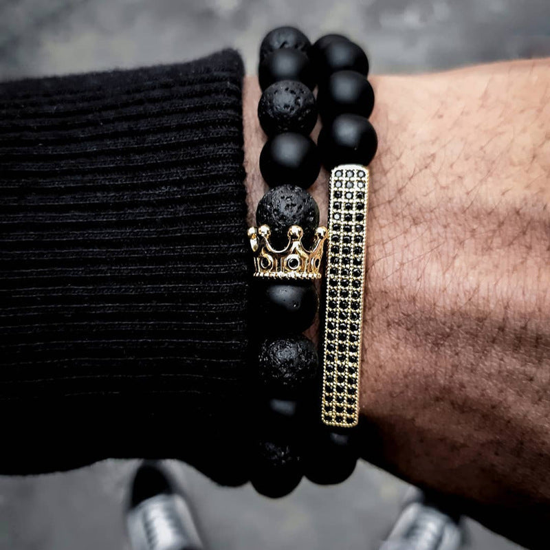 Jewelry Fashion Vintage Black Frosted Bracelet Zircon Crown Diamond Ball Dice Lion Head Beads Bracelet Suit