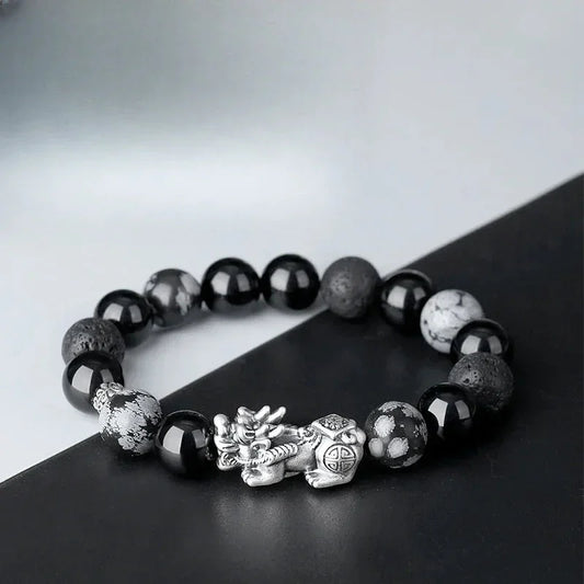 Natural Obsidian Volcanic Stone Sterling Silver Retro Fashion Bracelet - Buddha Blessing You