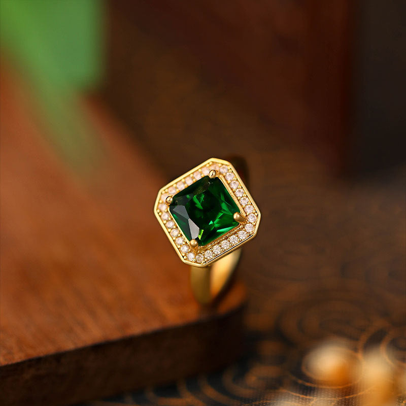 Gold Plated Seiko Emerald Square Diamond Ring Light Luxury Style Elegant Full Diamond Open Ring
