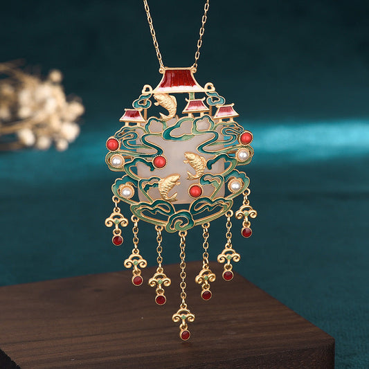 National Fashion Necklace New Accessories Ancient Method Gold-plated Imitation Hetian Jade Fish