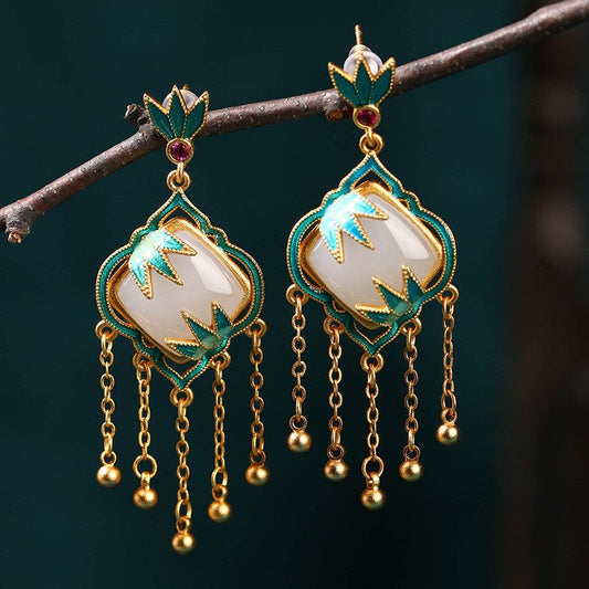 Elyuan National Fashion Accessories Women'S Ancient Style Color-Preserving Gold-Plated Imitation Jade Niche Design Vintage Earrings Gift
