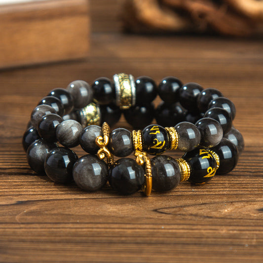 Black Myth Wukong Silver Obsidian Bracelet Six Words Proverbs Lovers Men And Women Beaded Foreign Trade Bracelet