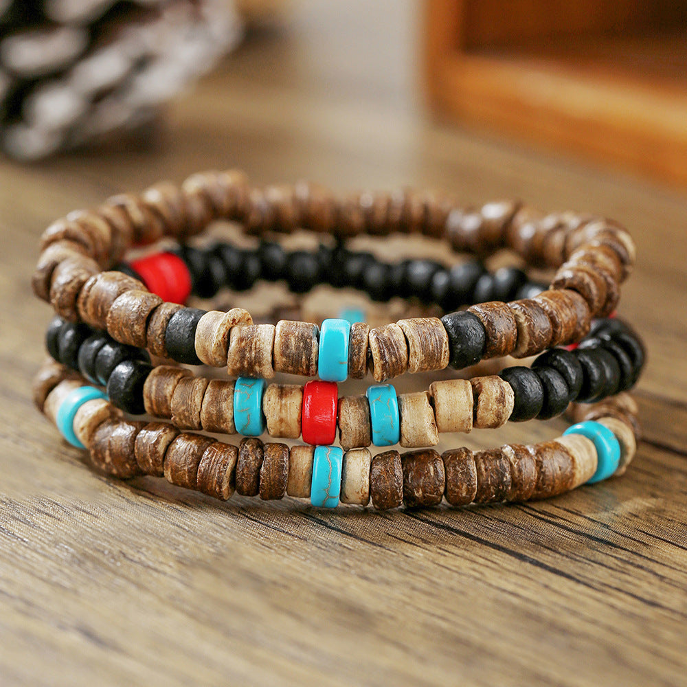 New Coconut Shell Wood Multi-layer Stacked Wear Bracelet Retro Men's Turquoise Beaded Bracelet