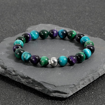 Handgewebtes buddhistisches Armband aus Tigerauge-Naturstein mit Stretchperlen