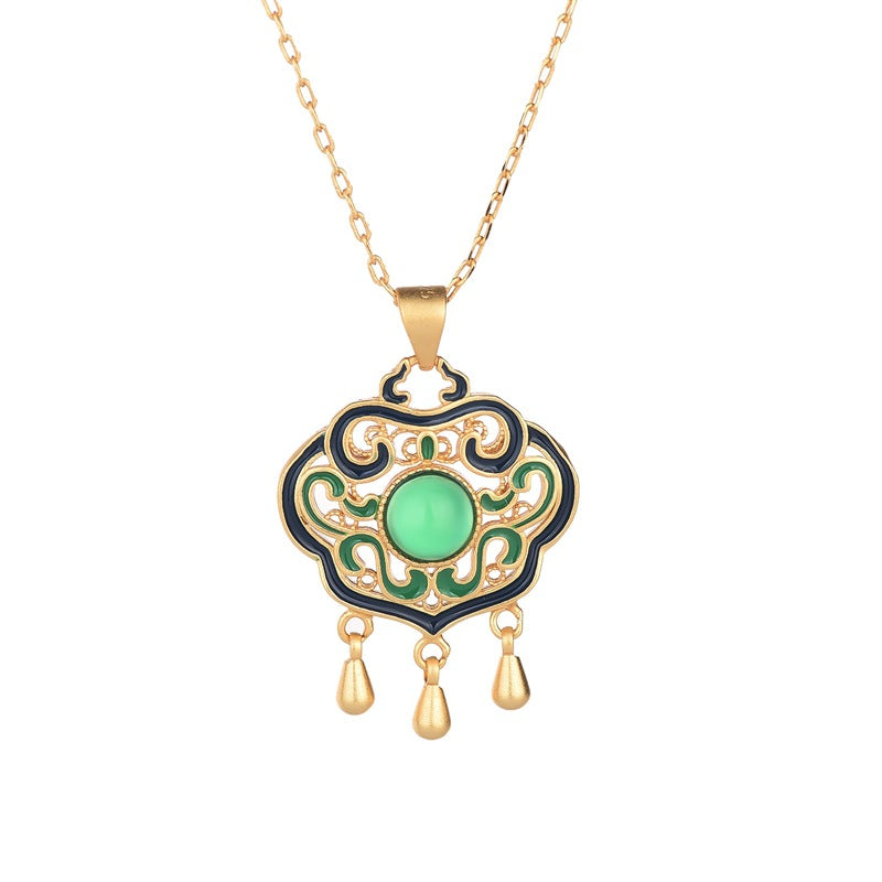Jewelry Live with Goods Inlaid Green Chalcedony Vintage Palace Style Enamel Ancient Method Golden Flower Silk Ruyi Lock Bag Necklace Women
