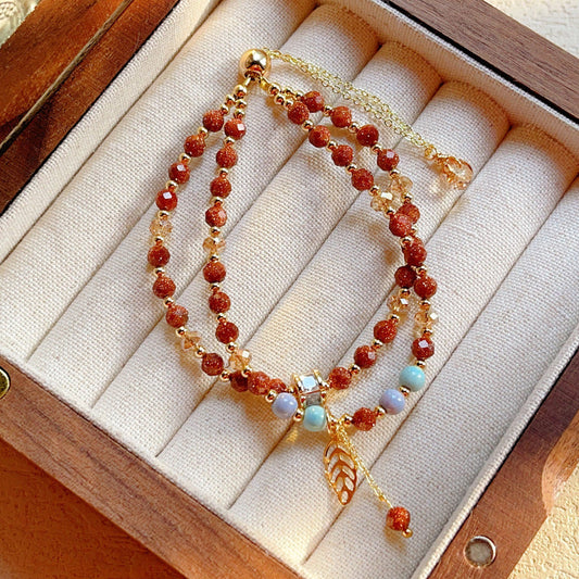 National Style Red Gold Sandstone Double Circle Glitter Bracelet