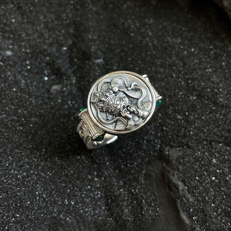 Tibetan Tang Grass Pattern Green Zircon Ring Female Fashion Personality Trend All-Match Ring