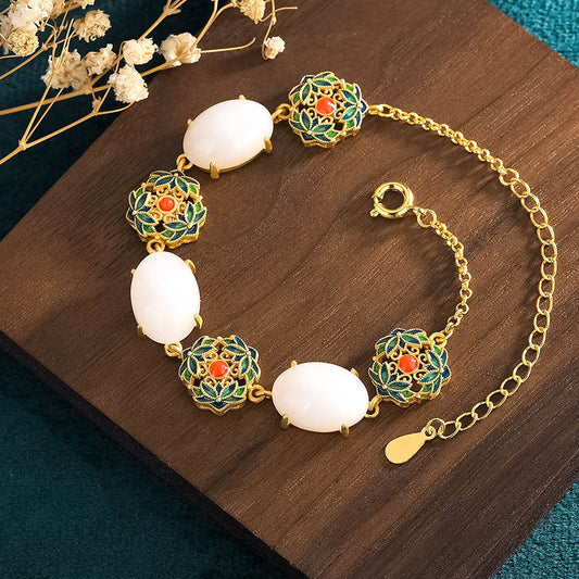 National Tide Palace Style Ancient Method Gold-plated Cold Enamel Flower Cluster Set with Imitation Hetian Jade Design Sense Niche Bracelet
