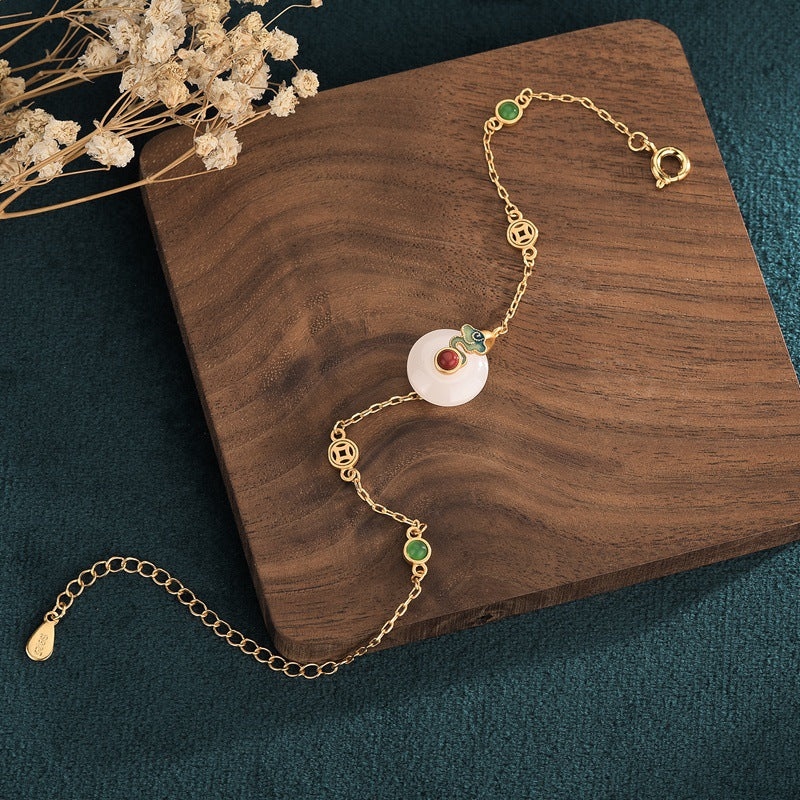 New Gold-plated Imitation Hetian Jade Safety Buckle Bracelet Grilled Blue Craft Inlaid Copper Gold-plated Palace Retro Style Bracelet