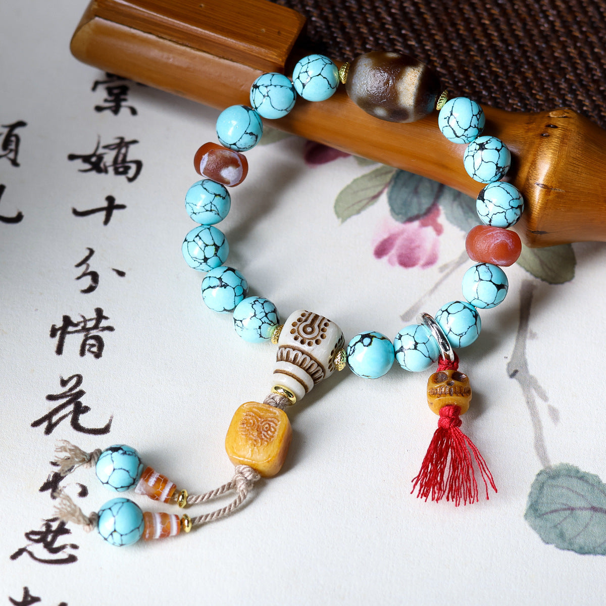 Original design imitation turquoise net flower old barrel bead bracelet tiger tooth bead with yak bone