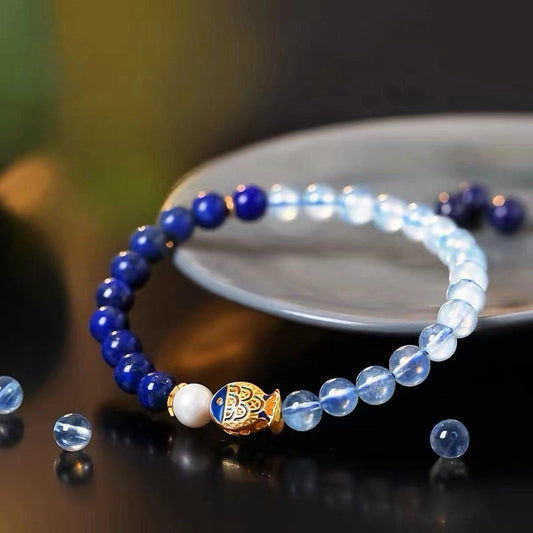 Blue Gold Brazil Sea Blue Glass Bracelet Enamel Cloisonne Simple Fashion Freshwater Pearl Bracelet