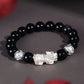 999 Silver Pi Xiu Black Agate Cat Eye Stone Beaded Bracelet