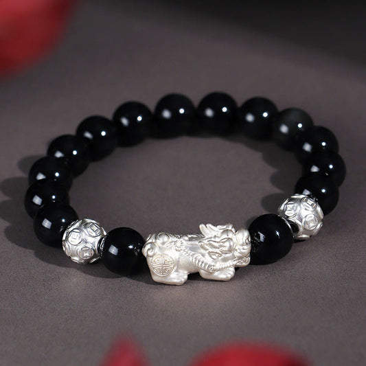 999 Silver Pi Xiu Black Agate Cat Eye Stone Beaded Bracelet
