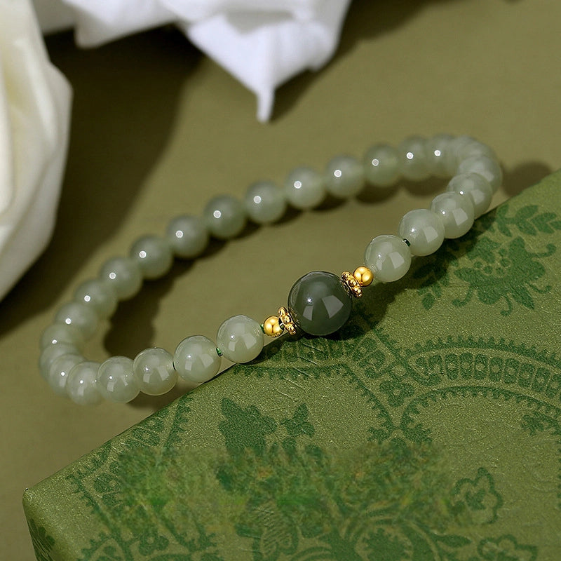Natural Hetian Jade Bracelet With S925 Sterling Silver Beads