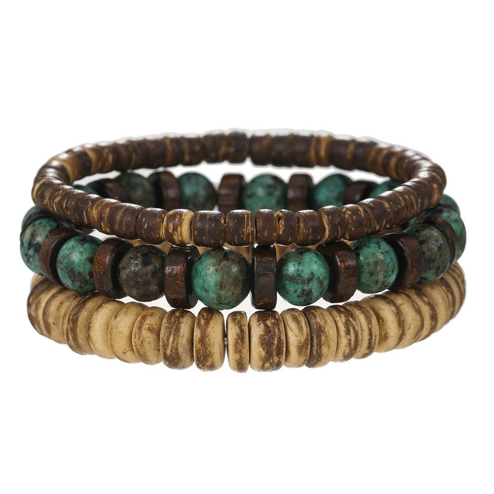 New Coconut Shell Wood Multi-layer Stacked Wear Bracelet Retro Men's Turquoise Beaded Bracelet