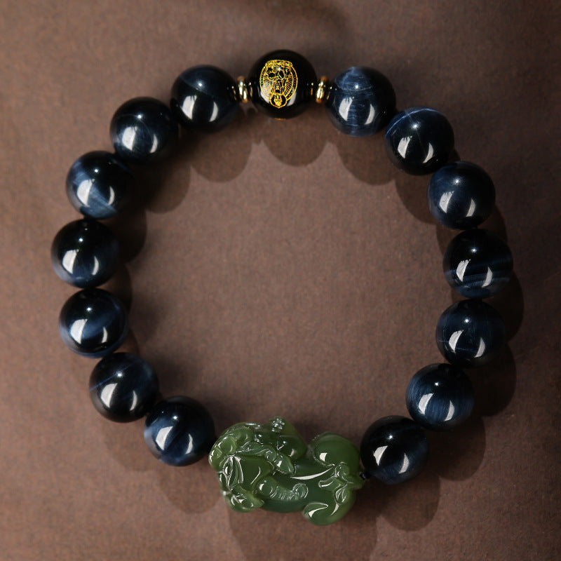 Natural Hetian Jade PI Xiu Bracelet Blue Tiger'S Eye Stone Bracelet Zodiac Buddha Bracelet