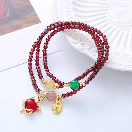Garnet Bracelet Natural Crystal Fox Pendant Beaded Bracelet Retro Multi-Layer Fashion All-Match Jewelry