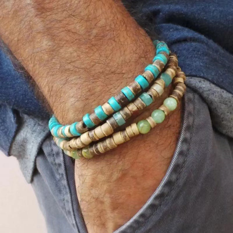New Coconut Shell Wood Multi-layer Stacked Wear Bracelet Retro Men's Turquoise Beaded Bracelet