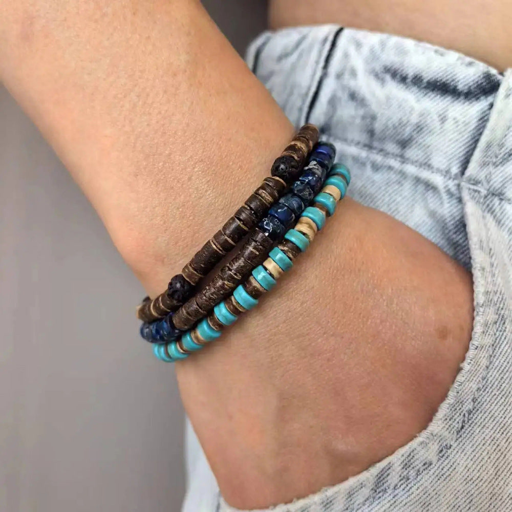 New Coconut Shell Wood Multi-layer Stacked Wear Bracelet Retro Men's Turquoise Beaded Bracelet