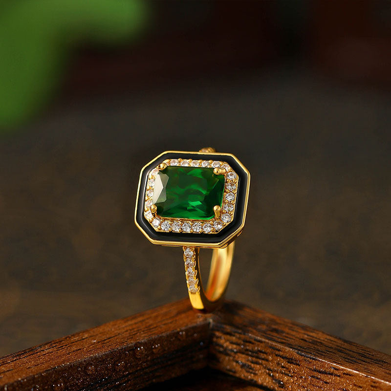 New Imitation Paraiba suit Simple Princess Sugar Green Diamond Light Luxury Black Enamel Ring