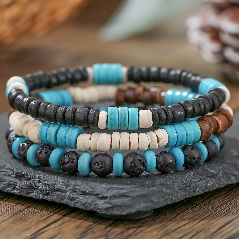 New Coconut Shell Wood Multi-layer Stacked Wear Bracelet Retro Men's Turquoise Beaded Bracelet