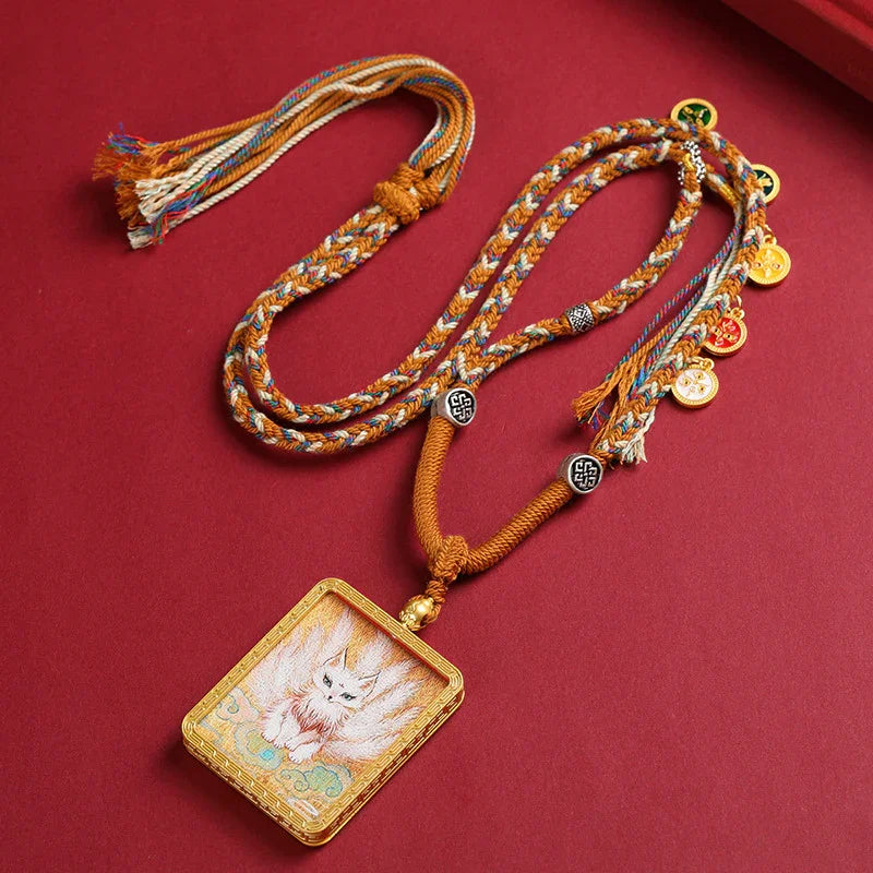 Golden Tibetan Nine Tailed Fox Wealth Deity Thangka Art Necklace Pendant - Buddha Blessing You