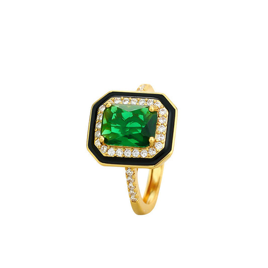 New Imitation Paraiba suit Simple Princess Sugar Green Diamond Light Luxury Black Enamel Ring