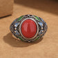 Retro South Red Agate Silk Burning Blue Ring Female Palace Style Flower Female Open Mouth Adjustable Ring