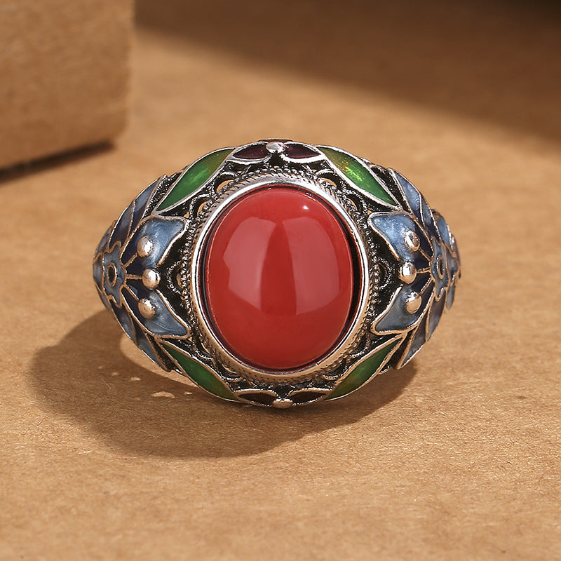 Retro South Red Agate Silk Burning Blue Ring Female Palace Style Flower Female Open Mouth Adjustable Ring
