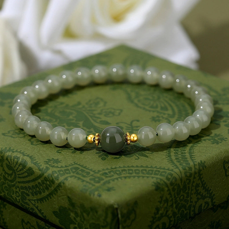 Natural Hetian Jade Bracelet With S925 Sterling Silver Beads